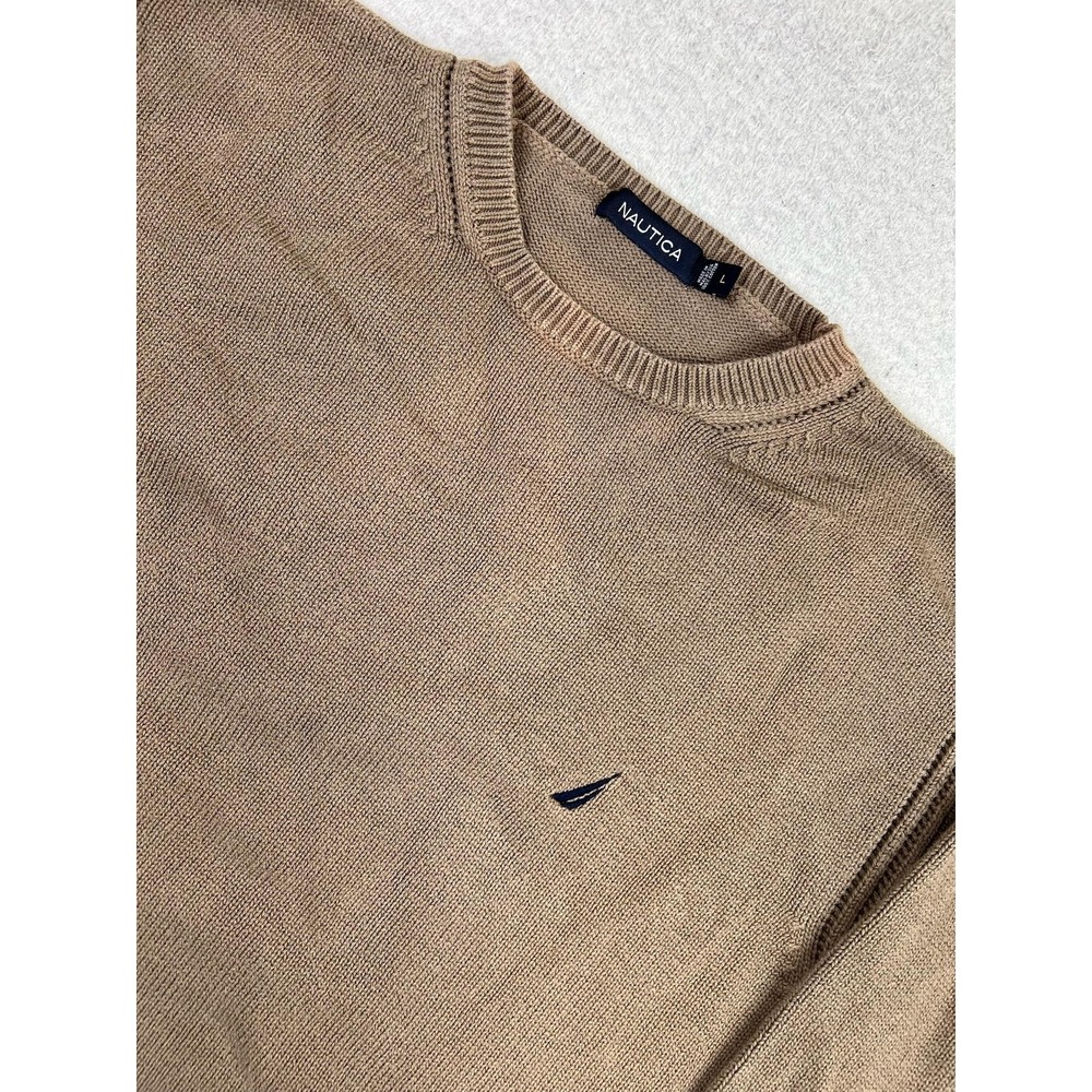 Nautica Sweater Mens Large Brown Crewneck Cotton Pullover Embroidered Sail‎ Logo